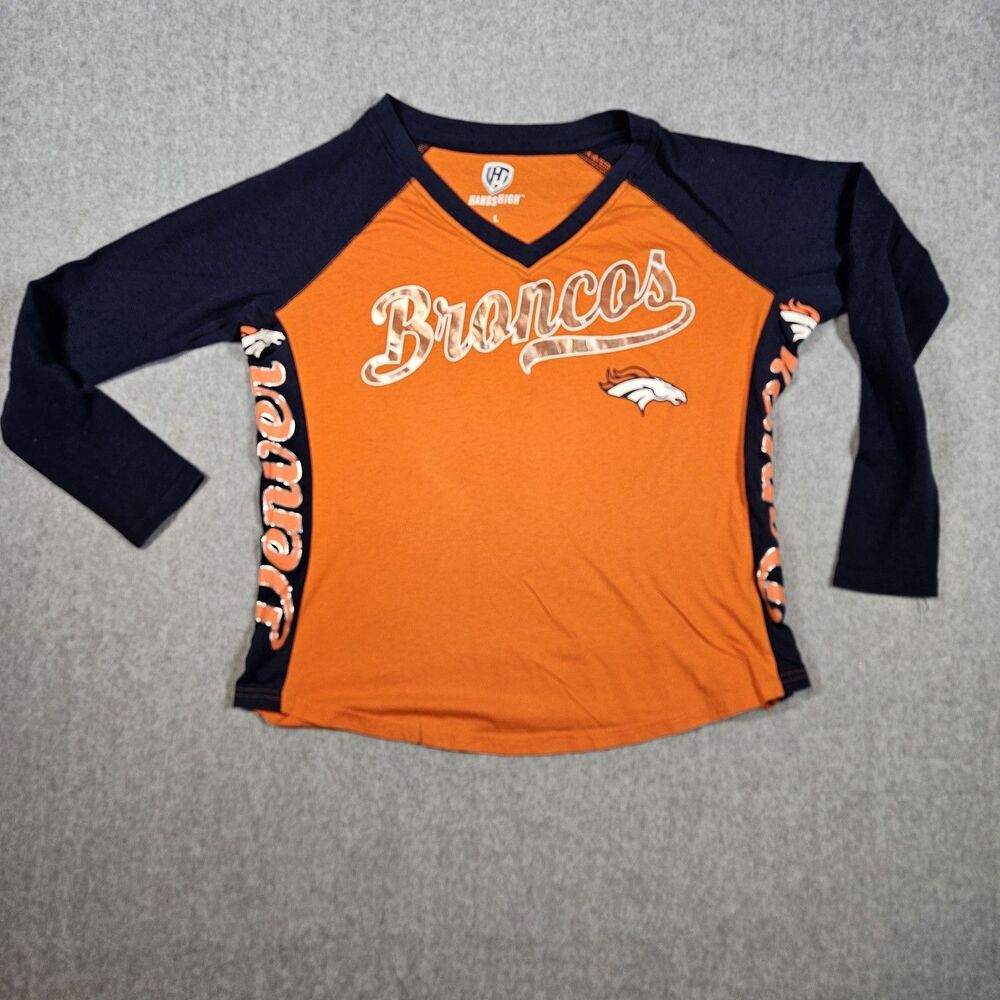 Hands High Denver Broncos Women's Orange Navy Raglan Long Sleeve Shirt Size L
